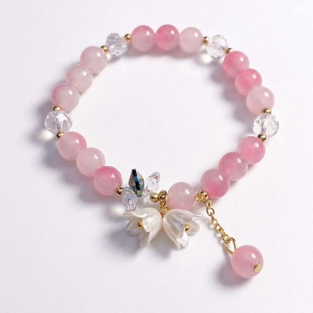 Delicate Pink Beaded Flower Charm Bracelet